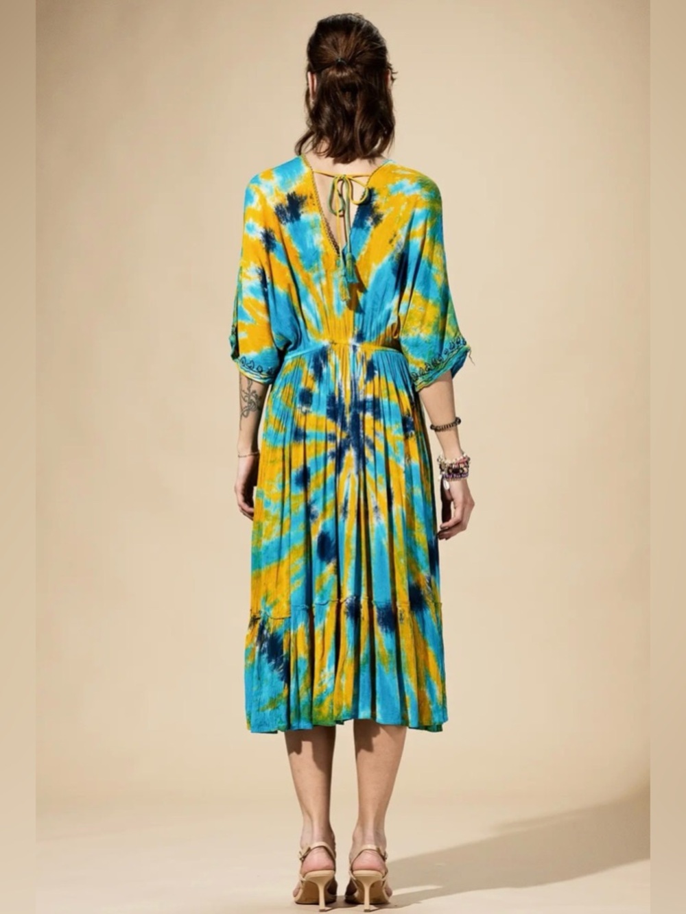 Golden River V-Neck Tie-Dye Rayon Midi Dress in Turquoise and Yellow - Picture 3 of 3